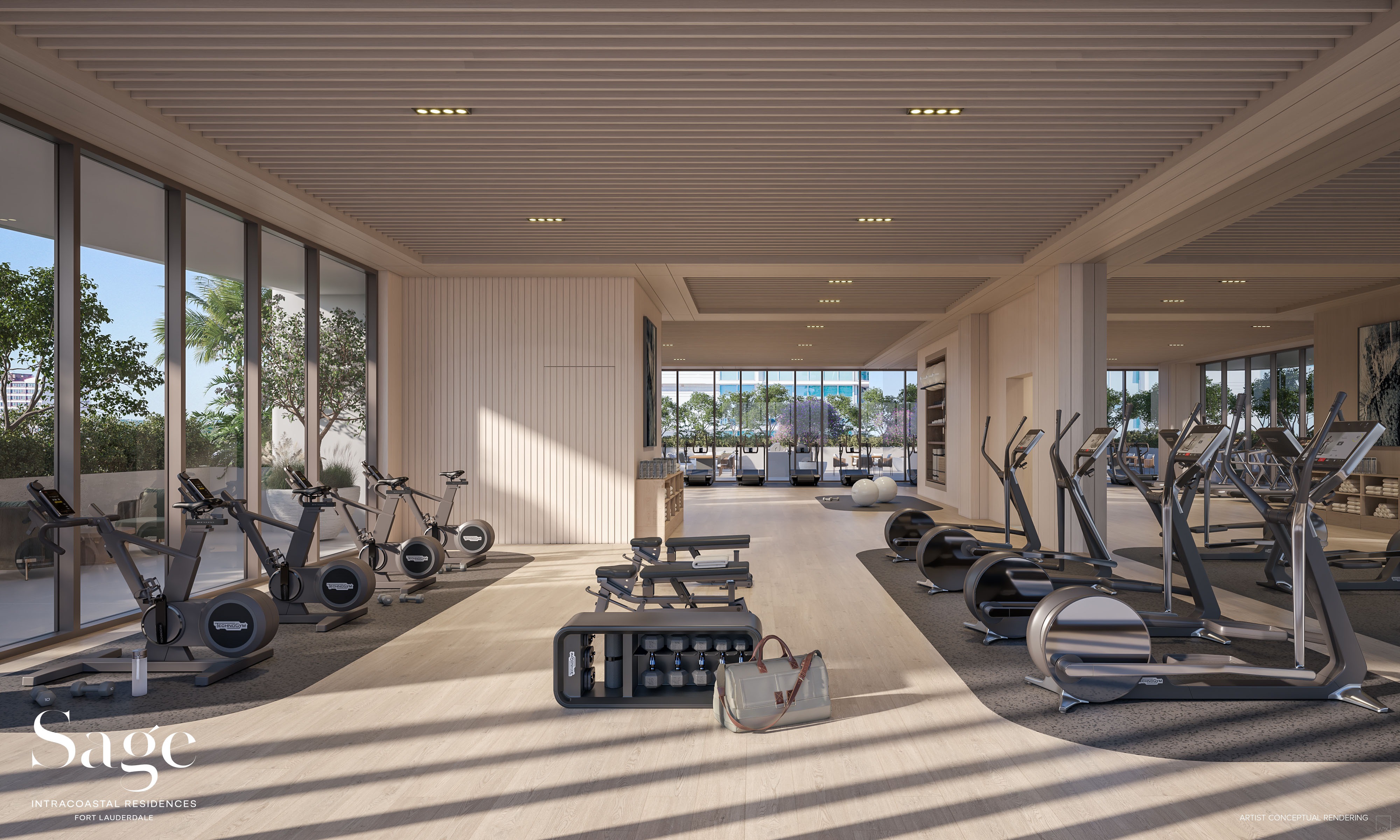 State-of-the-art fitness center at Sage Intracoastal Residences — latest equipment, water views, with adjacent yoga lawn and movement studio.