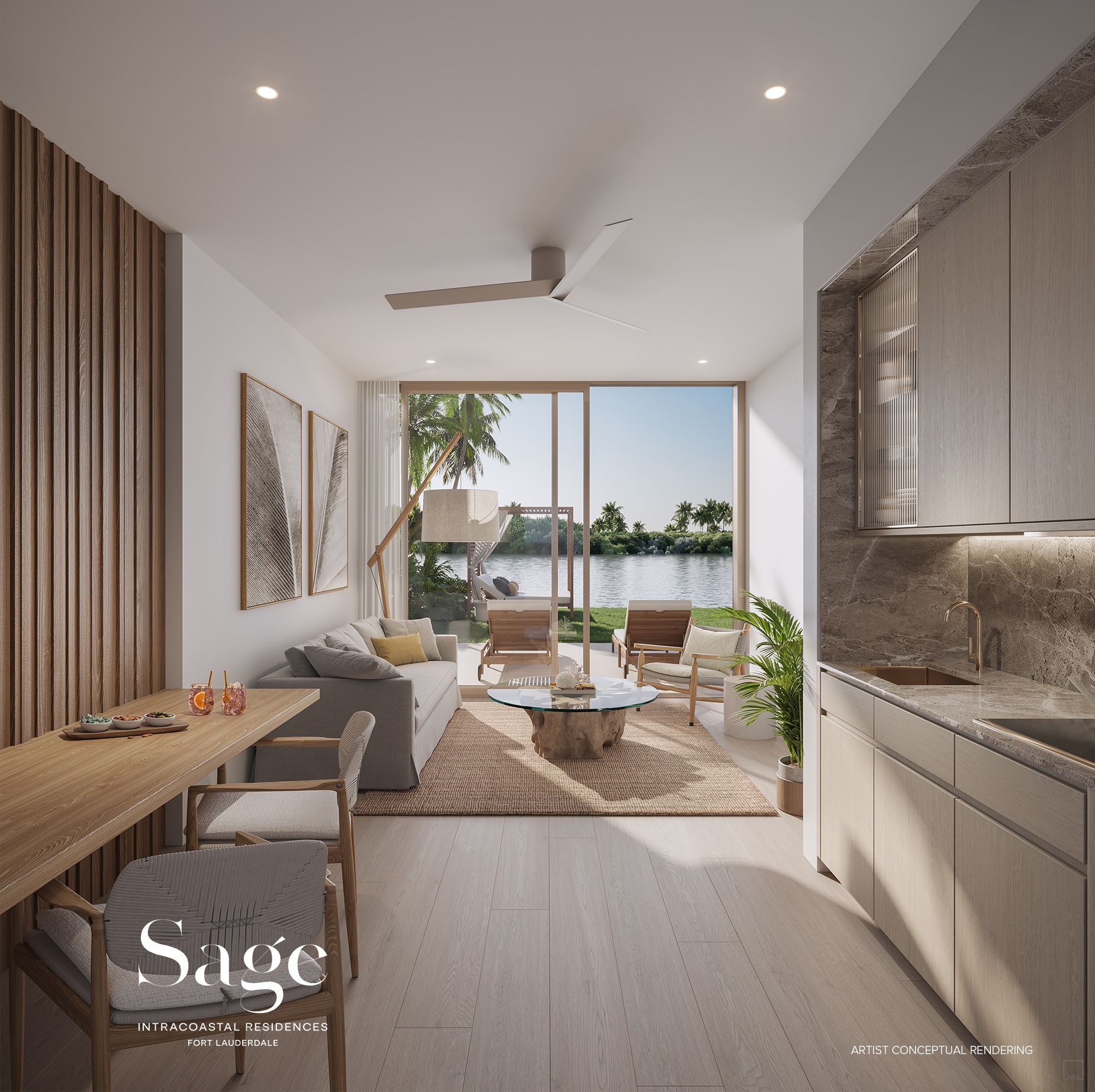 Private luxe cabana suites at Sage Intracoastal Residences — designed by BAMO with natural stone and warm wood, overlooking the Intracoastal.