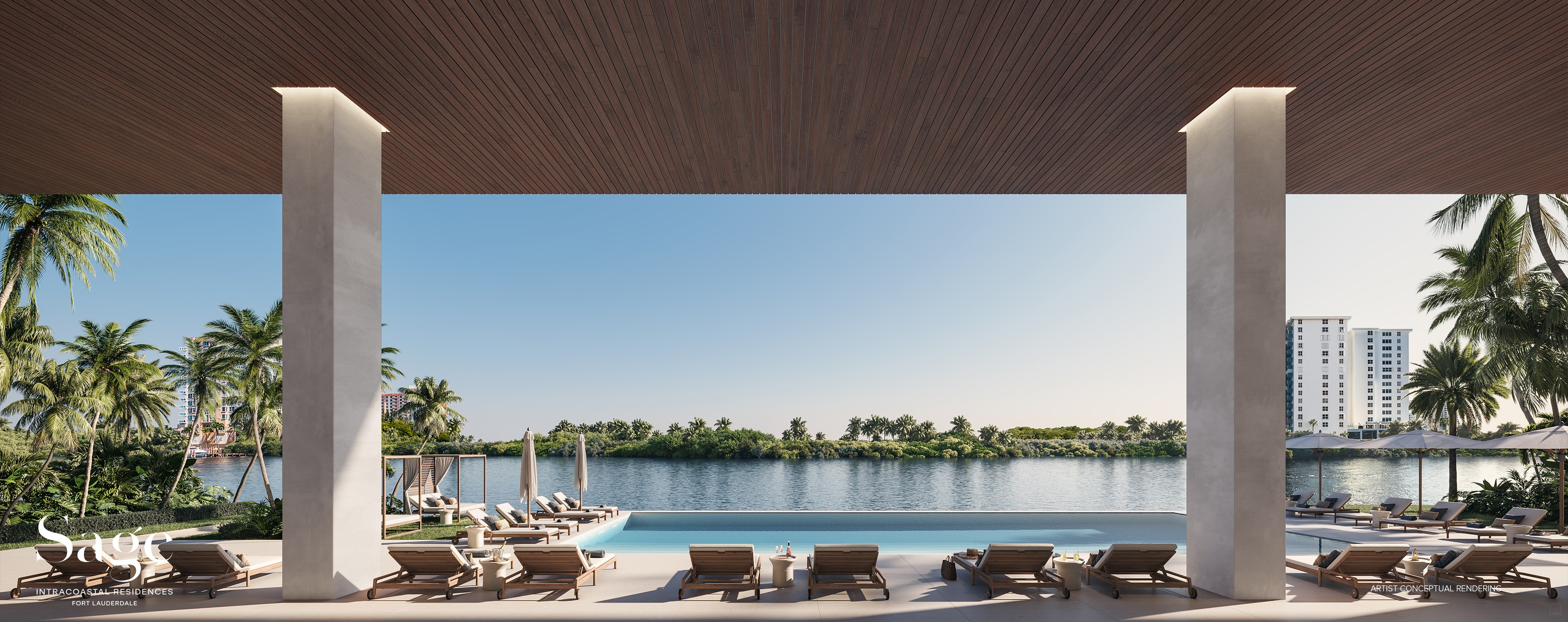 Waterfront resort-style pool at Sage Intracoastal Residences — café and lounge area, private luxe cabana suites, panoramic Intracoastal views.