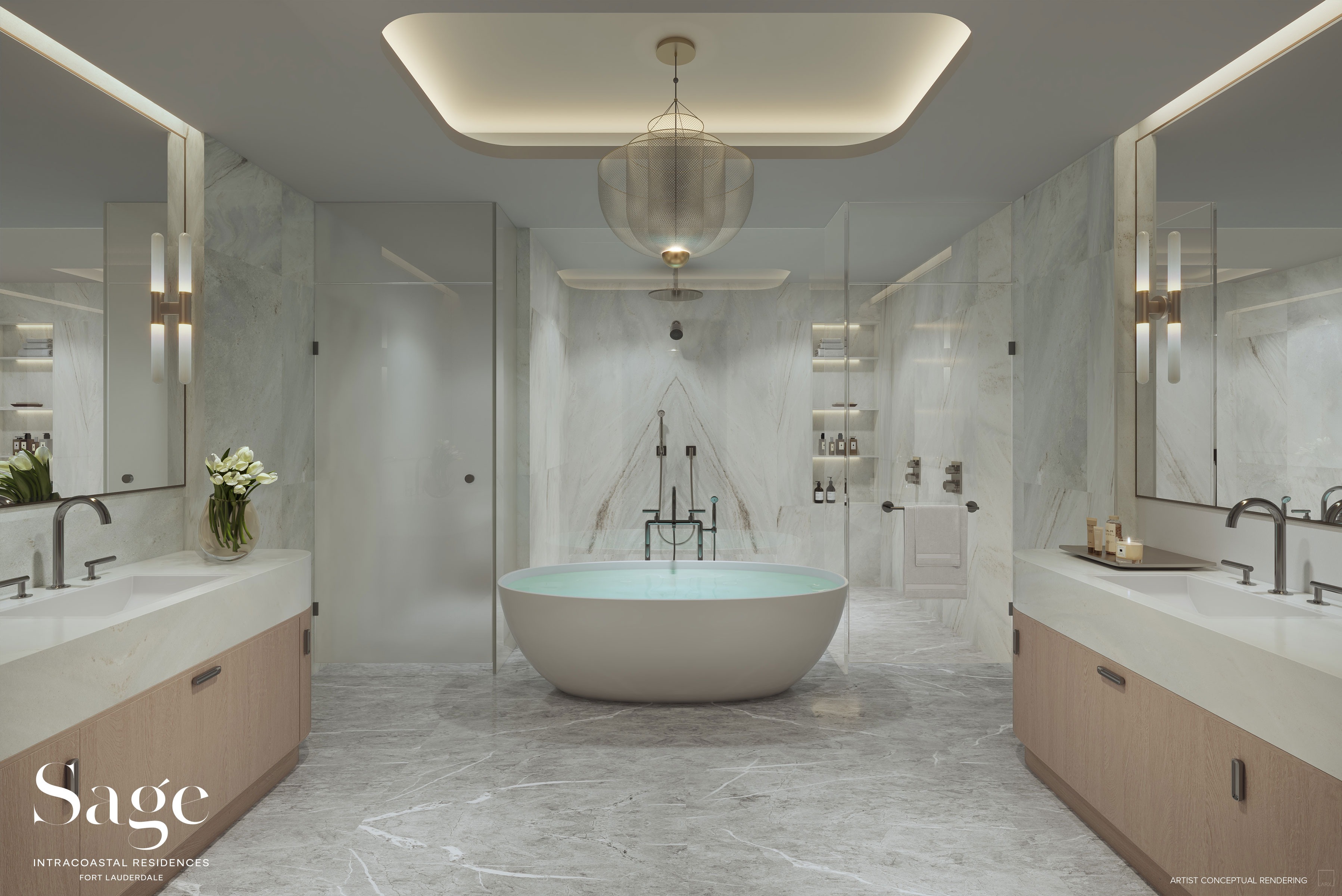 Primary bathroom at Sage Intracoastal Residences. Imported Italian cabinetry, WaterWorks fixtures, oversized frameless glass-enclosed shower, and free-standing soaking tub, designed by BAMO.