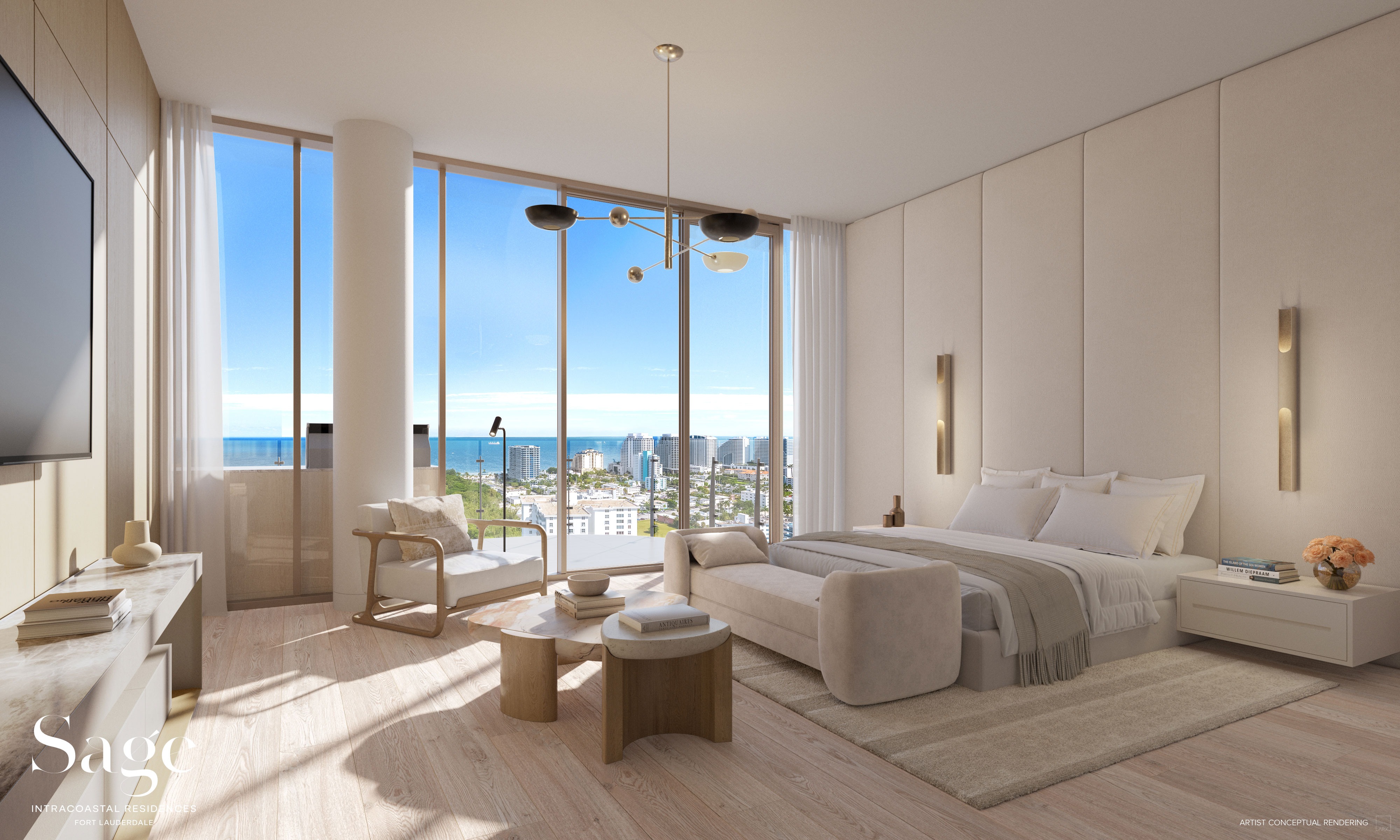 Primary bedroom at Sage Intracoastal Residences. Intracoastal and ocean views, midnight bar, direct terrace access, fully built-out walk-in closet, BAMO interiors.