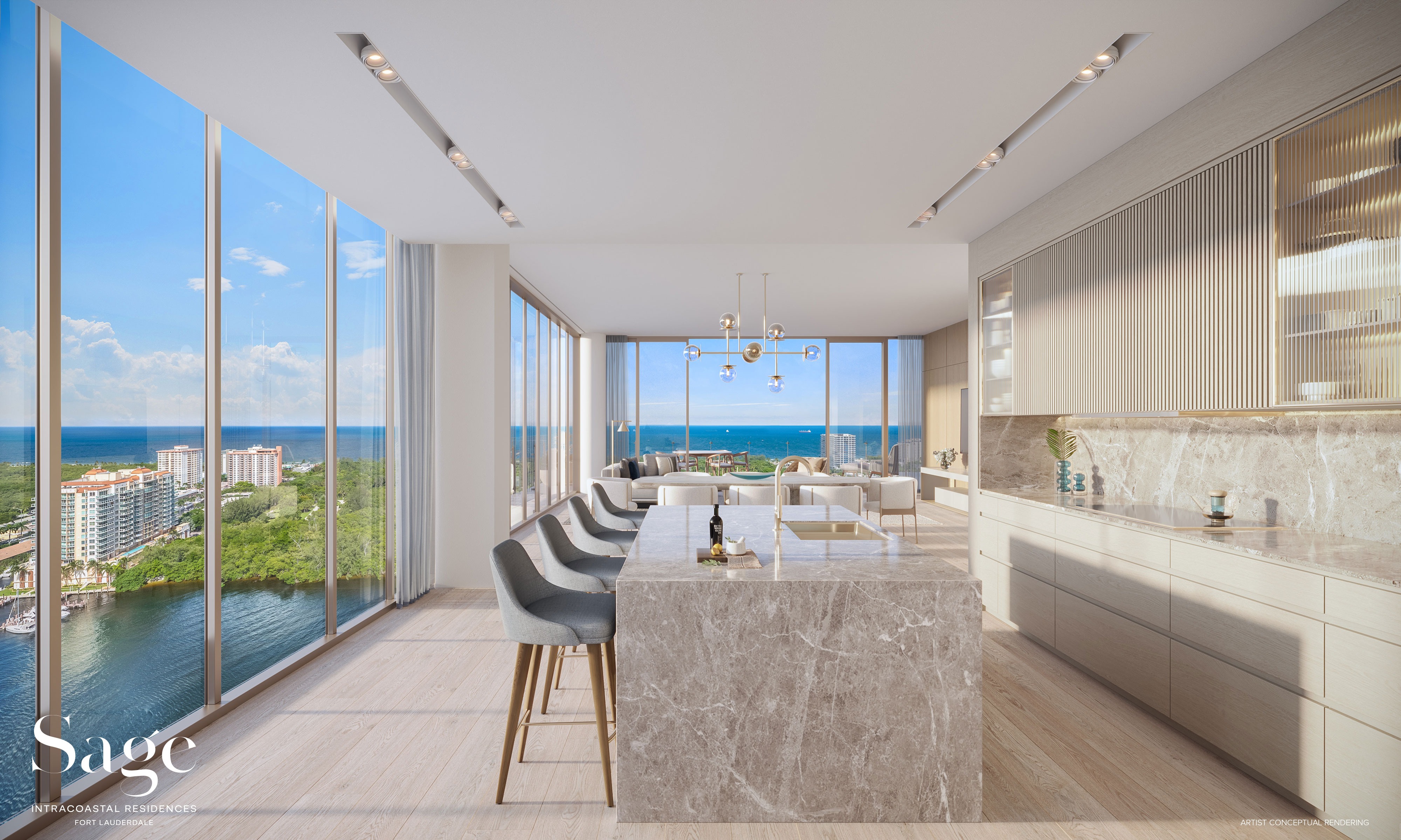 Kitchen at Sage Intracoastal Residences. Custom Italian cabinetry by BAMO, integrated Subzero refrigeration, Wolf cooktop and convection ovens, full wine storage, cantilevered dining counter.