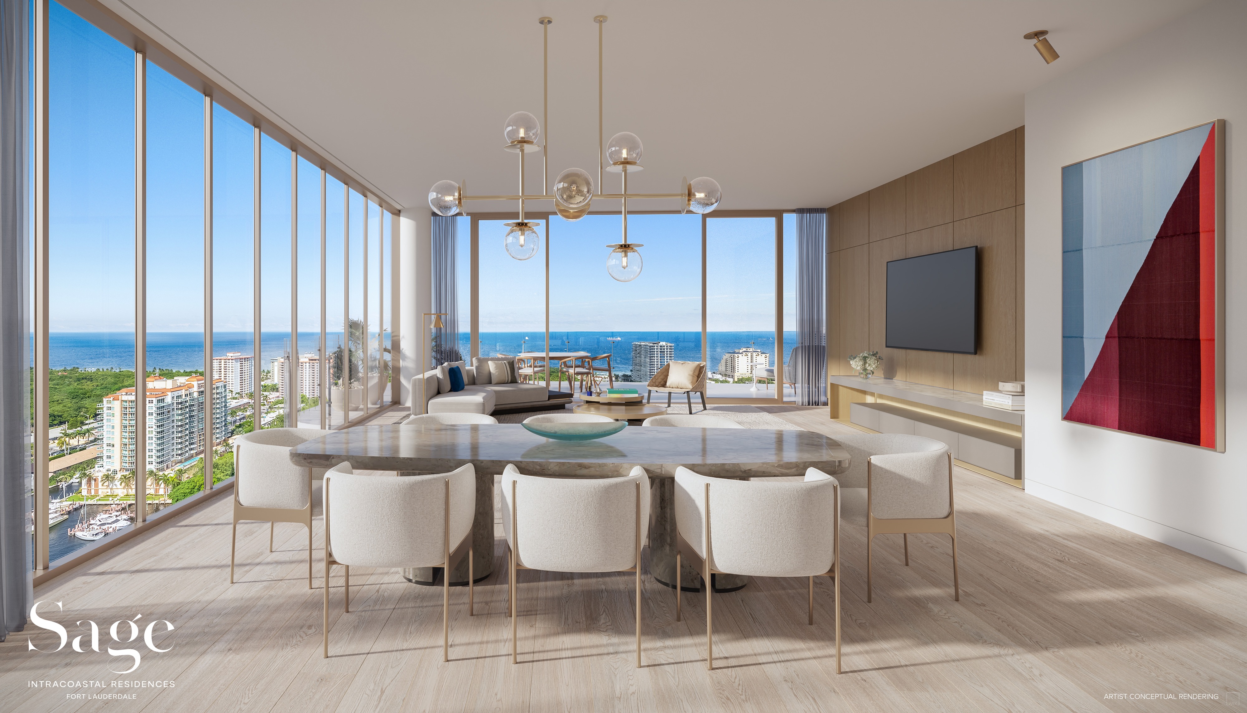 Great room at Sage Intracoastal Residences. BAMO interior architecture, 10-foot ceilings, floor-to-ceiling impact-resistant glass opening onto a private terrace with summer kitchen, unobstructed Intracoastal and Atlantic Ocean views.